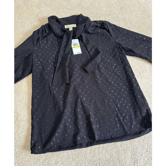 NWT Michael Michael Kors Dark Academia Polka Dot Bow Tie Top Sz M - Picture 3 of 7